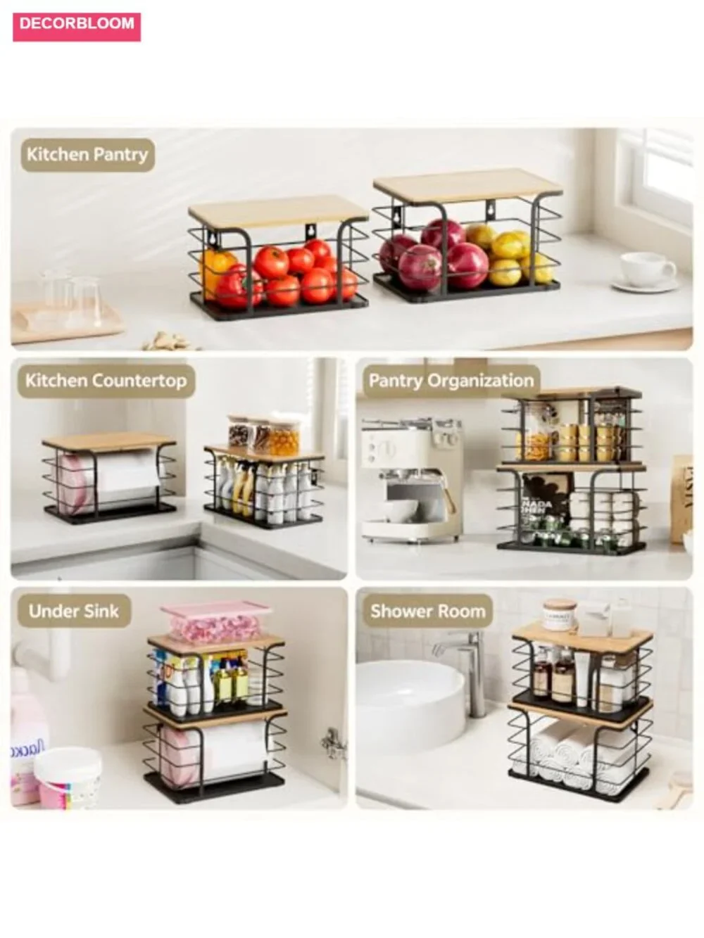 2 Pack Stackable Pantry Organizer Bamboo Stainless Steel Kitchen Storage Bin